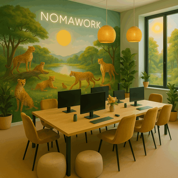 Coworking chaleureux avec mural de guépards