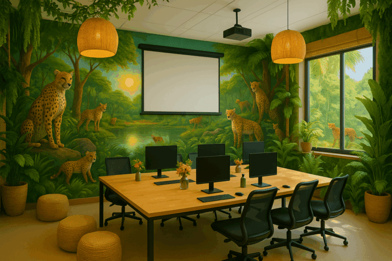 Coworking chaleureux avec mural de guépards